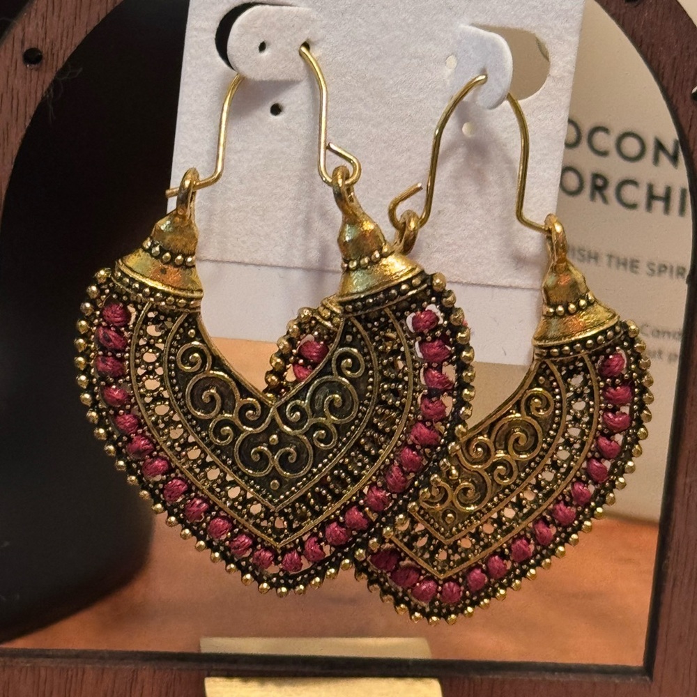 Gold and Red Boho Heart Earrings